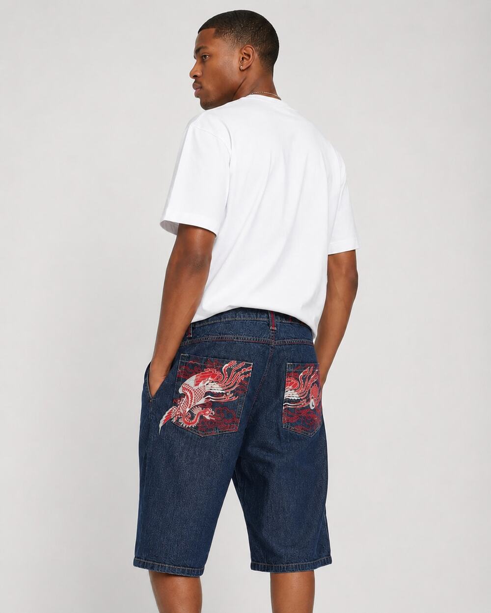Miskeen Originals Mens Jean Shorts Y2K Denim Embroidered Dragon Size 44 Blue Red